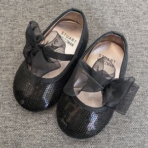 🆕 Stuart Weitzman Baby Bling Black Sparkly Sequin Shoes Organza Bow Size 3